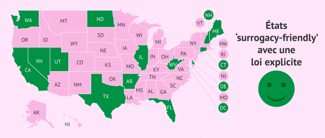 Carte des États des USA « surrogacy-friendly » avec loi explicite